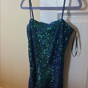 Katie J NYC Glittering Green and Blue Formal Dress